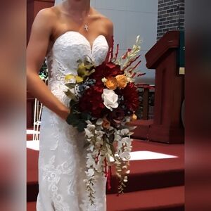 Wedding Bouquet w/Faux Floral Arrangement with Vibrant Dk Red, White Flowers OBO